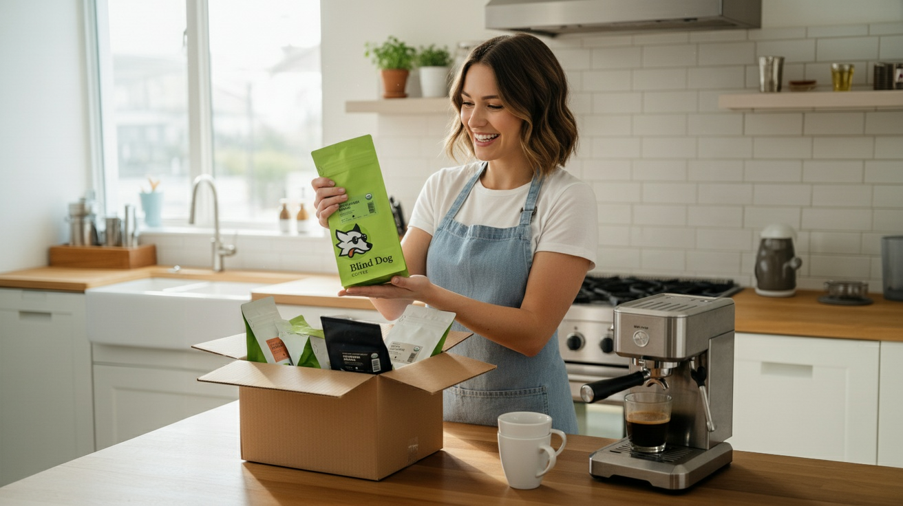 Woman in a kitchen unpacking a box of coffee packages.