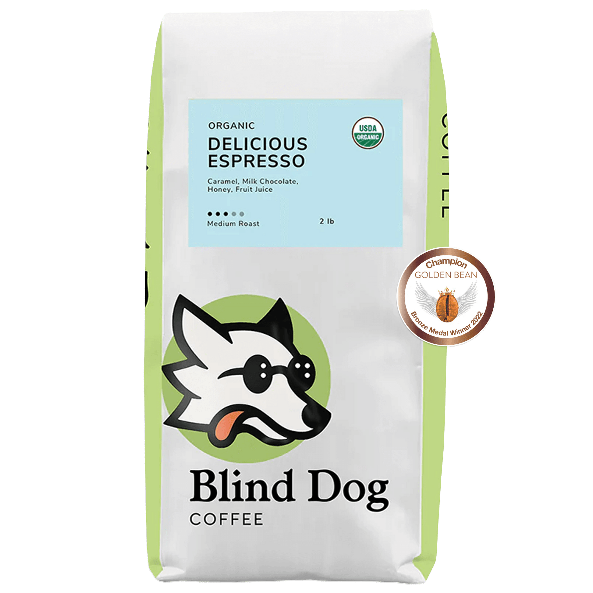 Blind Dog Coffee Delicious Espresso Medium Roast Coffee 2 lb. Bag - Golden Bean Champion