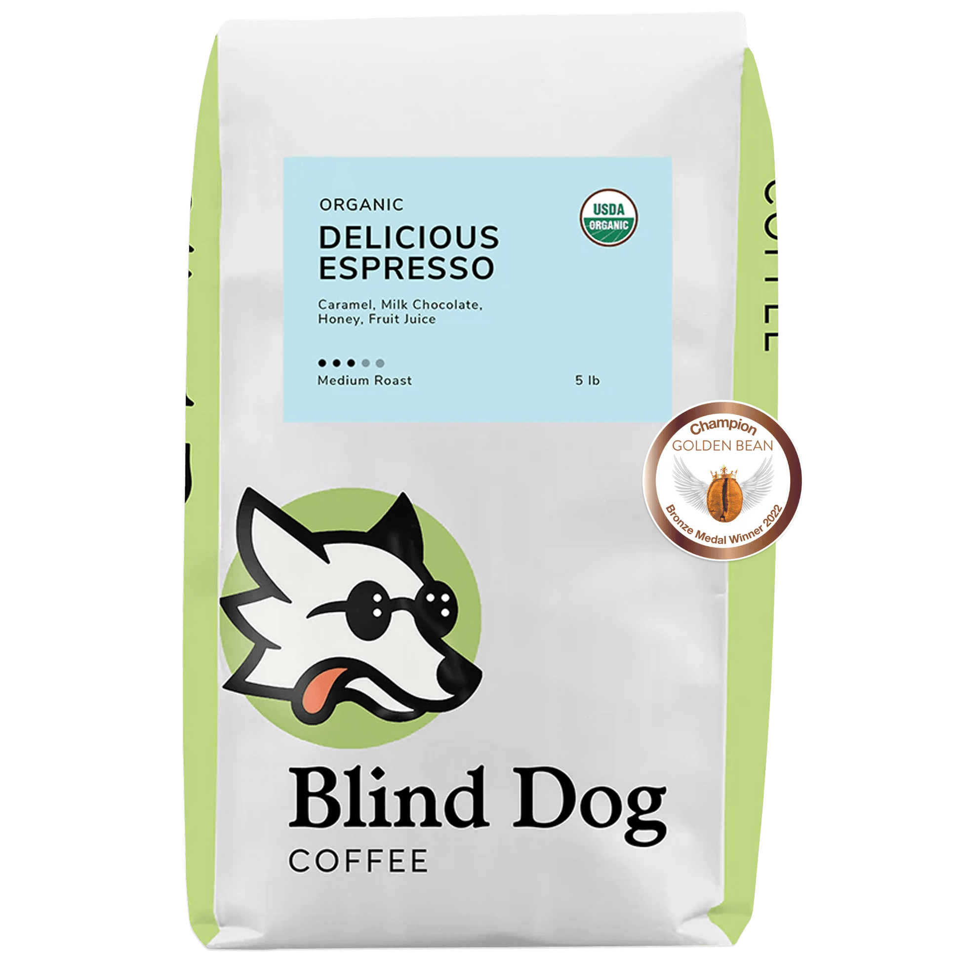 Blind Dog Coffee Delicious Espresso Medium Roast Coffee5 lb. Bag - Golden Bean Champion