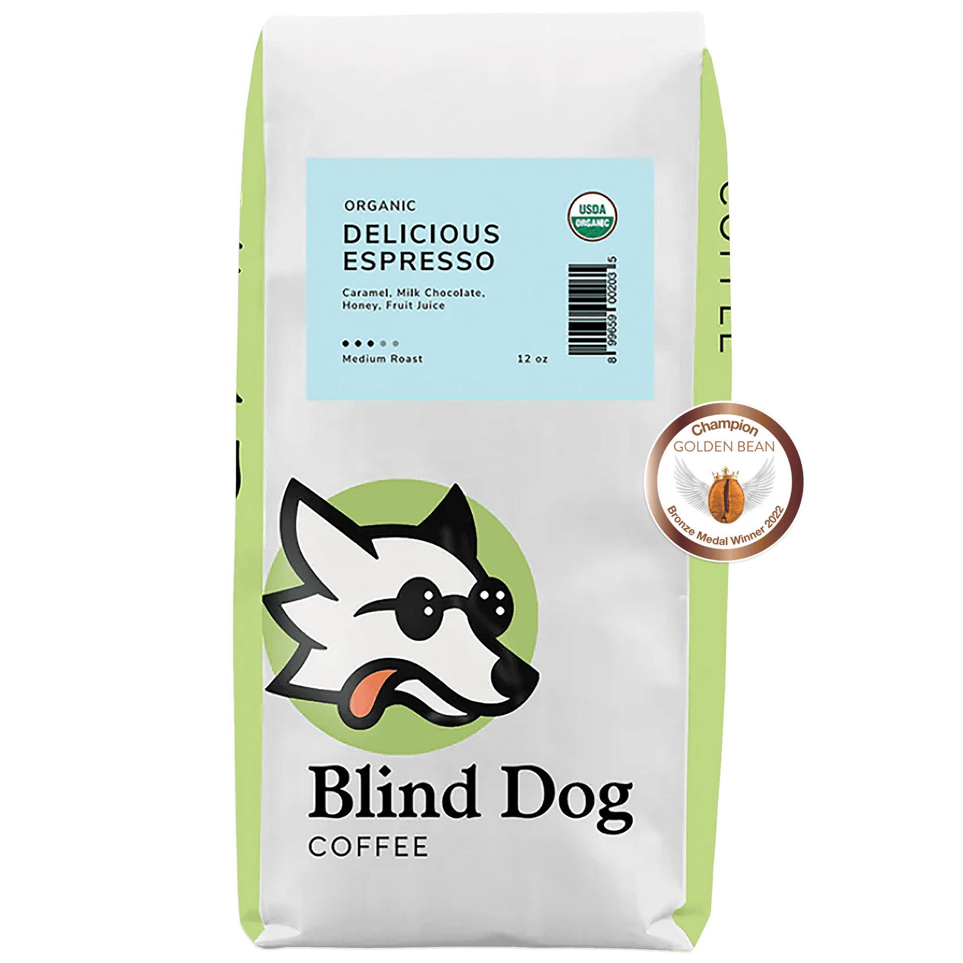 Blind Dog Coffee Delicious Espresso Medium Roast Coffee 12 0z. Bag - Golden Bean Champion