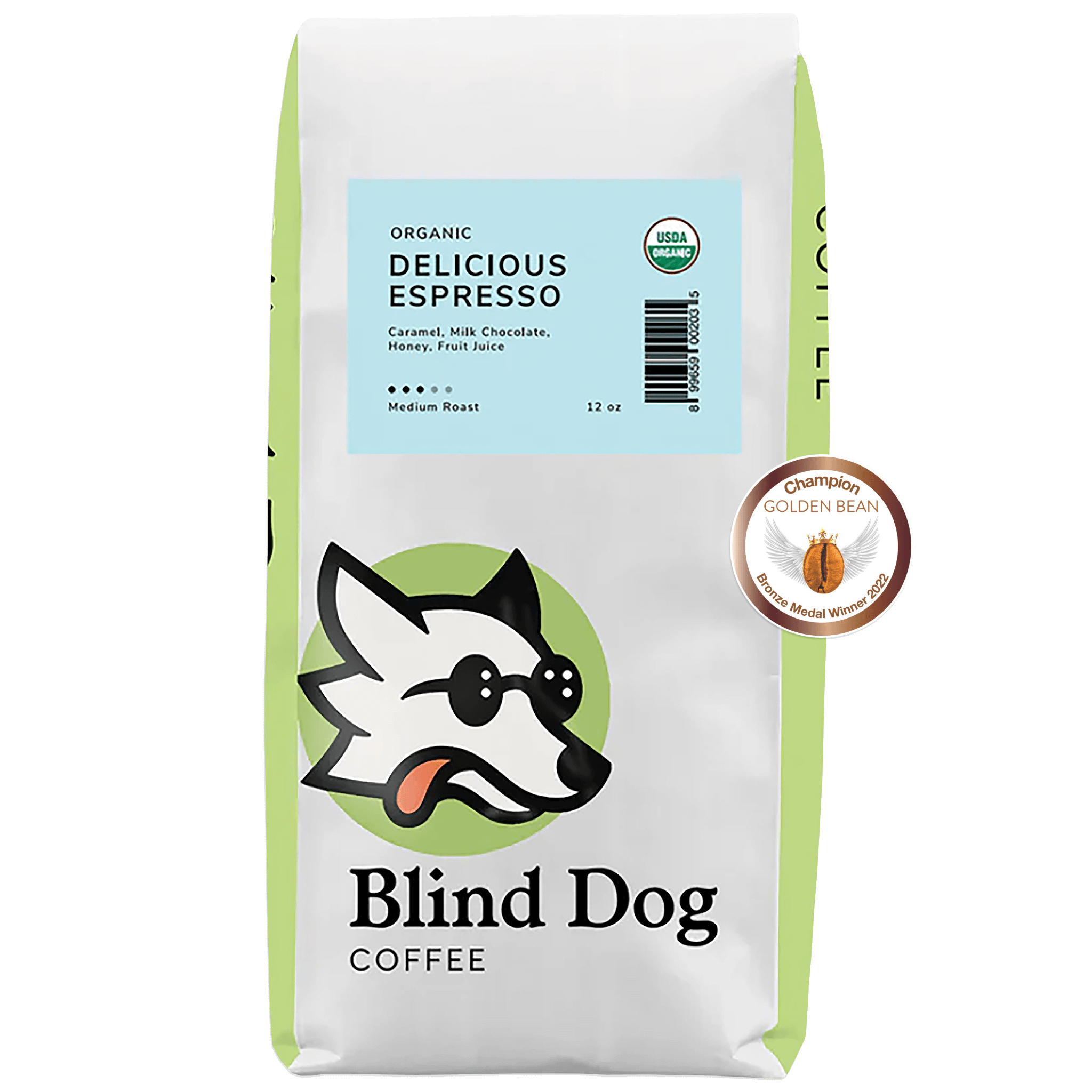 Blind Dog Coffee Delicious Espresso Medium Roast Coffee 12 0z. Bag - Golden Bean Champion