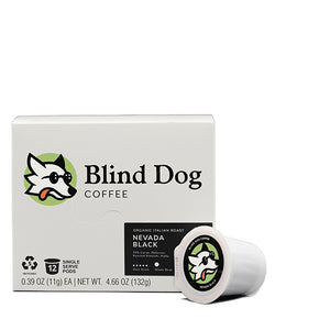 Organic Nevada Black Dark Roast  - Single Serve Cups with hints of Cocoa, Molasses, and Toasted Walnut - Blind Dog Coffee